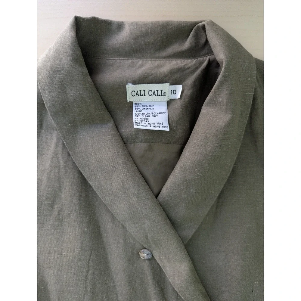 Vintage 90s Cali Cali Silk Linen Double Breasted Vest Dress Olive Green‎ Size 10